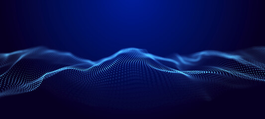 Abstract wave. Interweaving of dots and lines on a black background. Big data. 3D rendering.