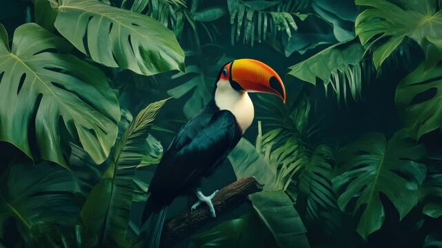 Vibrant toucan perched amidst lush tropical foliage and monstera plants setting the scene