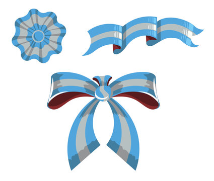Decorative vector elements inspired by the Argentina flag and traditional 'fileteado porte&ntilde;o' style. Includes ribbon bow, escarapela (rosette), and national flag in a unique vintage design.
