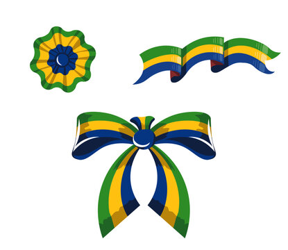 Decorative vector elements inspired by the Brazil flag and traditional. Includes ribbon bow, escarapela (rosette), and national flag in a unique vintage design.