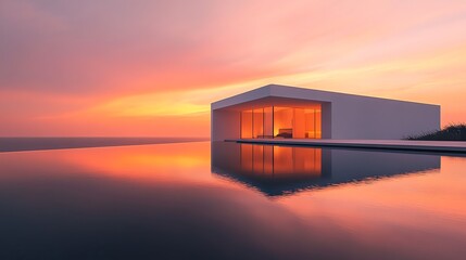 Fototapeta premium Serene modern architecture meets a tranquil infinity pool under a vibrant sunset sky. Minimalist design, peaceful ambiance.