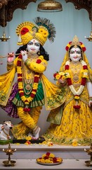 Fototapeta premium Beautiful krishna radha deities in temple with colorful flower decorations spiritual hinduism india divine