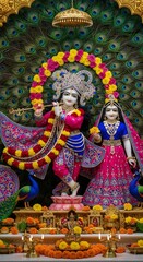 Beautiful krishna radha deity statues with peacock feathers and flower garlands for hindu worship
