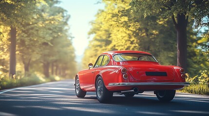 Fototapeta premium A vibrant red classic car stands on a sun-dappled road, framed by lush green trees, evoking a sense of timeless elegance.