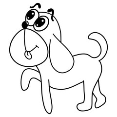 Cheerful dog, standing or walking, giving front paw, sticking out tongue, black outline