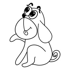 Funny dog sitting, giving front paw, tongue hanging out, black outline