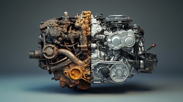 A captivating engine split, showcasing the contrast between rust and pristine condition.