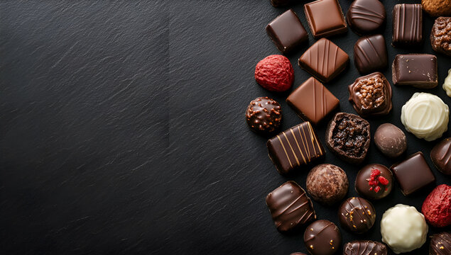 Assortment of assorted chocolates on dark slate background