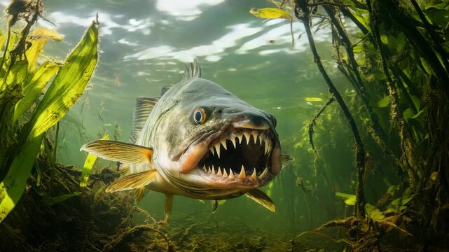 Underwater view of a menacing payara fish with sharp teeth and vibrant vegetation