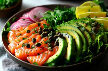 Sliced salmon and avocado with red onion rings, capers, arugula and fresh herbs