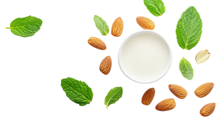 Almond Milk with Mint Leaves and Almonds on Transparent Background for Healthy Food