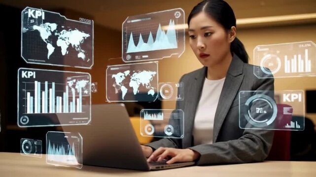 Businesswoman professional using AI dashboard to analyze sales growth and manage risks in corporate environment
