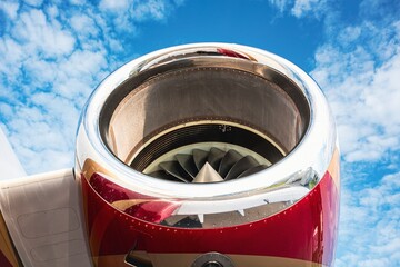 Detailed close-up of a business jet engine showing the fan blades and nacelle. The reflective red...