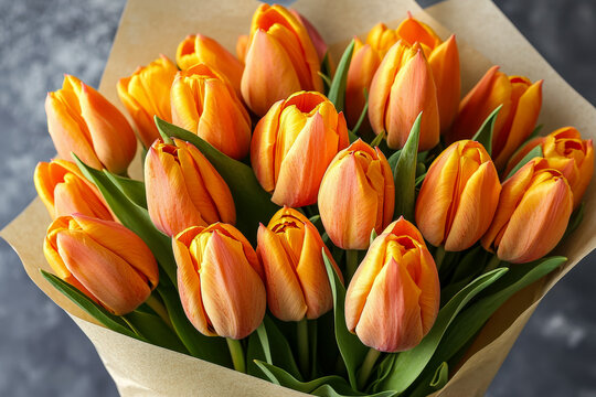 Vibrant orange tulips arranged in a bouquet with green leaves and beige wrapping paper
