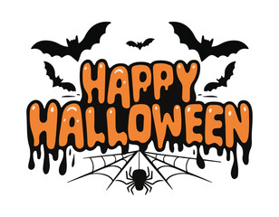 spooky halloween greeting with dripping orange text bats spider and web on black background festive and scary holiday design