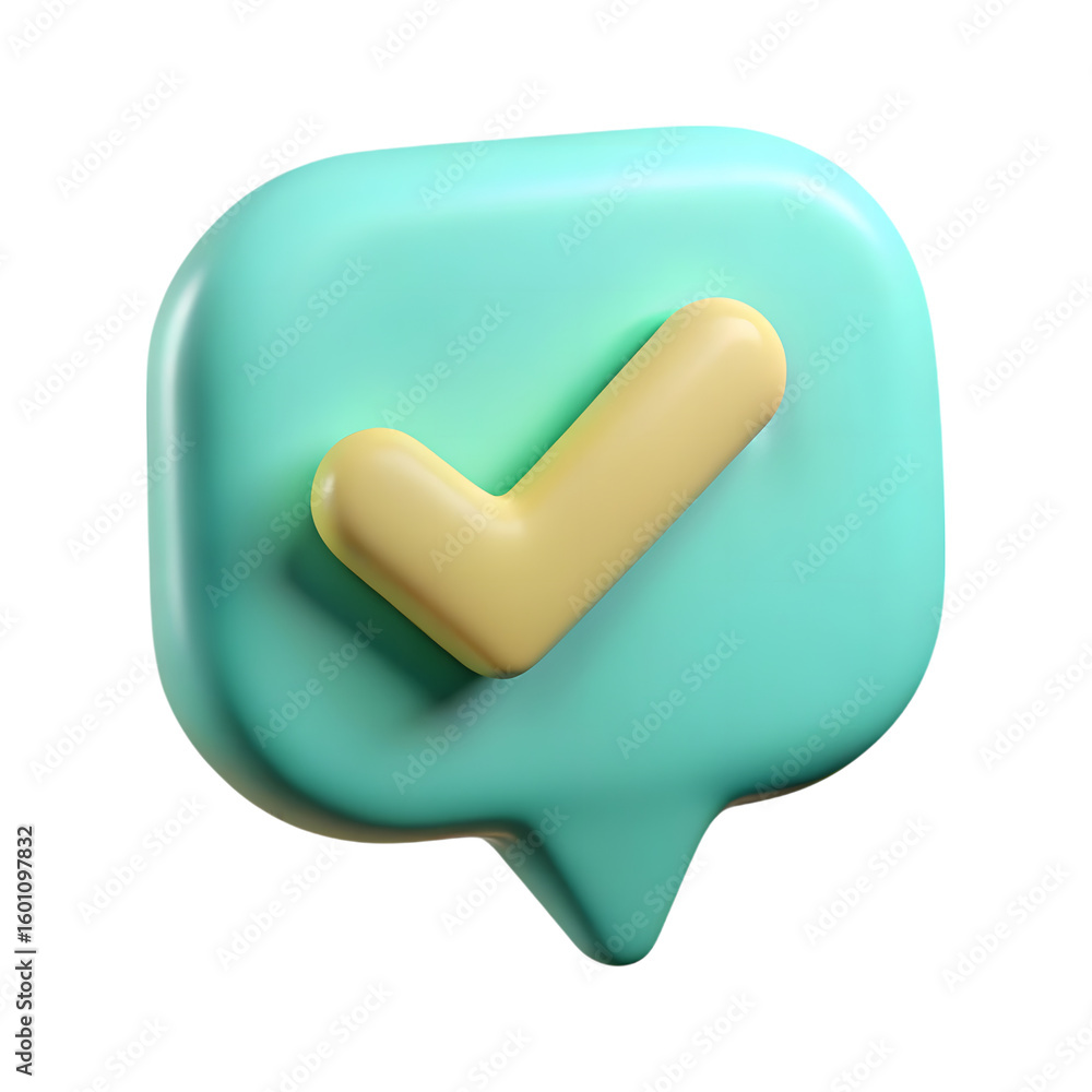 Poster 3d teal speech bubble with yellow check mark isolated on transparent background