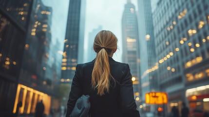 A businesswoman standing in a city street, looking up at the tall buildings.