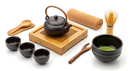 Still life of matcha tea set with teapot cups bamboo whisk and towel on white background surface ai generated