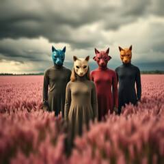 Music album cover. A group of faceless figures wearing animal masks, standing in a soft-focus field under a stormy sky. Surreal illustration. Can be used as a music album cover design. Square layout
