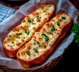 sliced and toasted baguette halves topped with melted cheese with parsley