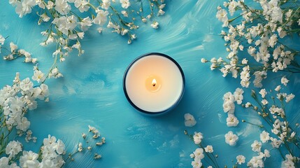 A serene candle surrounded by delicate white flowers on a calming blue background. Perfect for relaxation and wellness themes.