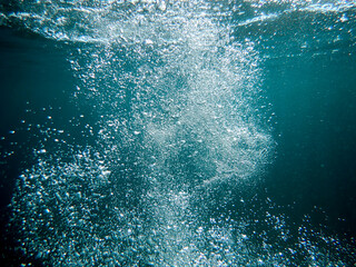 Air bubbles underwater rising to water surface, natural scene, bubbles under water, bubble undersea, sea in crystal clear green water. Real image very suitable for backgrounds, Great for background.