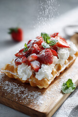 Photo of crispy belgian waffle with strawberries, powdered sugar and whipped cream served on wooden table.