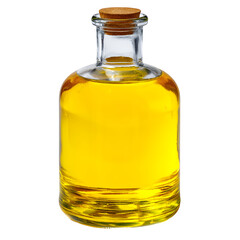 Glass bottle filled with golden cooking oil isolated on transparent background