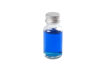 a bottle of blue liquid with a silver cap