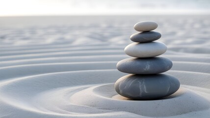 Zen stones balancing on sand create calm and mindfulness for wellness brands and relaxation retreats