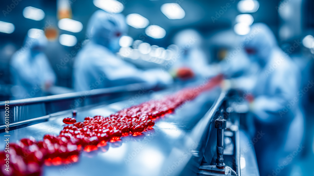 Poster workers in protective suits inspecting a conveyor belt of red objects in a factory setting