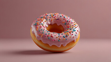 Delicious Pink Iced Donut with Sprinkles on Pink Background