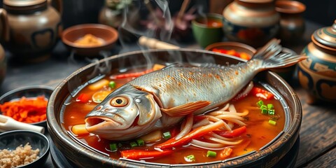 Steaming fish, Asian cooking, vibrant ingredients, traditional pottery,  pottery,  oriental