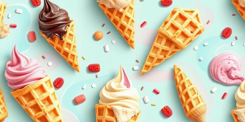 Abstract ice cream waffle background Seamless vector pattern texture ,  cone,  surface