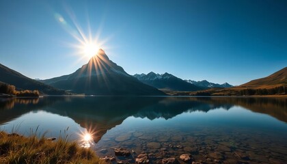 Sunlit mountain peak reflecting in pristine lake, lake, wild