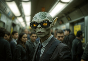 reptilian humanoid disguised in a business suit, standing among unaware commuters in a subway train. The alien creature features scaly green skin, glowing hypnotic eyes