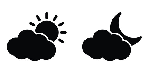 Vector art of a sun and cloud icon representing daytime weather and a moon and cloud icon representing nighttime weather