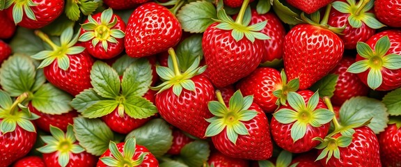 Sweet strawberry pattern background featuring ripe red berries and green leaves,   fresh,  sweet