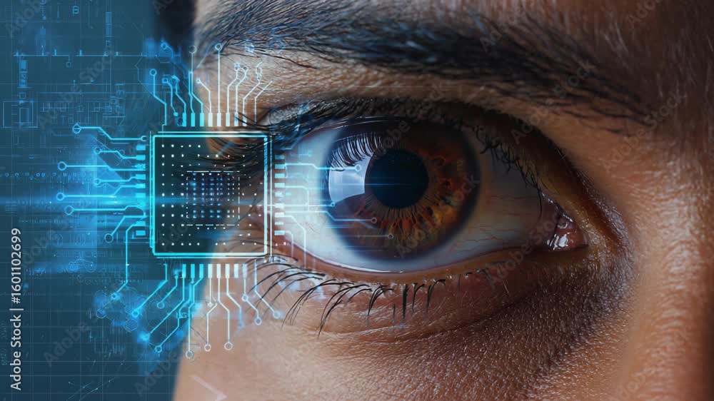 Poster close-up image of a human eye enhanced with an embedded digital chip, demonstrating advanced human-m