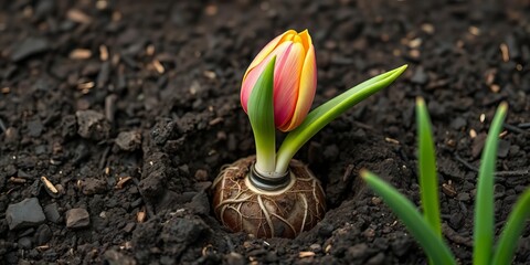 A single tulip bulb, roots visible, nestled in rich dark soil, agriculture, nature