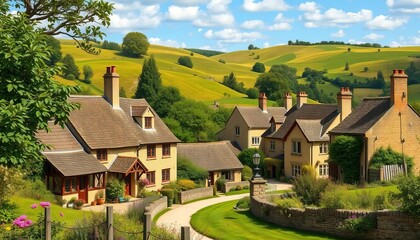Charming Cotswolds cottages nestled in rolling hills, vibrant vector illustration,  UK,  idyllic
