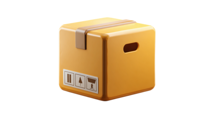 3D cardboard shipping box icon in cartoon plastic style, logistics and delivery concept, isolated on transparent background 