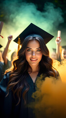 Obraz premium A woman in a graduation cap and gown is smiling at the camera