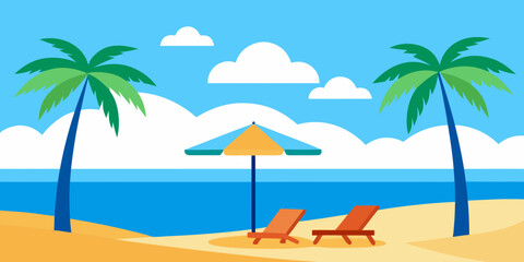 Obraz premium Tropical beach scene with palm trees lounge chairs and umbrella under blue sky
