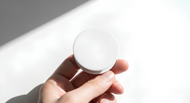 Hand holding blank matte phone grip mockup with soft shadows, 3d rendering, pop socket mockup, phone ring holder, smartphone grip design, branding template, hand-held tech accessory