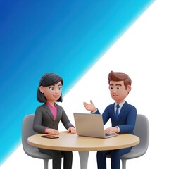Two cartoon business people in formal attire collaborating and discussing ideas while looking at a laptop computer