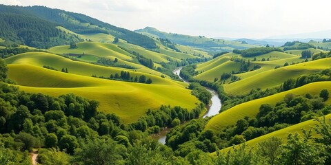 Serene rolling hills, lush green foliage, meandering river, idyllic rural landscape,  peaceful,  pastoral