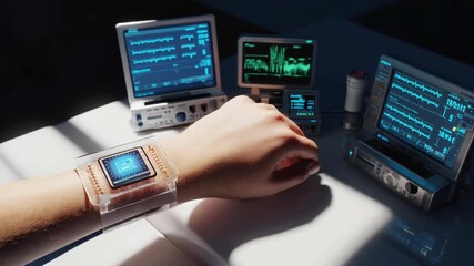 A patient hand with a transparent wearable wrist implant connected to surrounding medical monitors, the use of smart biometric chips in health diagnostics, data tracking, and futuristic healthcare.