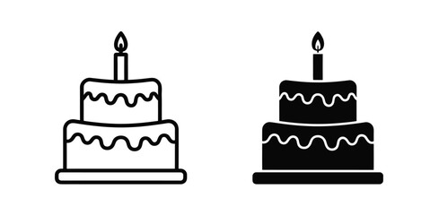 Vector art of two cake icons one in outline and one in solid black symbolize birthday celebrations