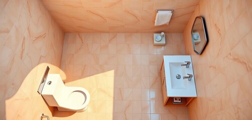Overhead outline of toilet, sink, and vanity in bathroom,  overhead shot,  hygiene